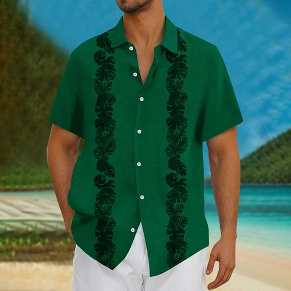 Zylanna Men's Hawaiian Shirts, Short Sleeve Casual Turndown Collar Quickly Dry Summer Beach Button Down Shirts Army Green Size 2XL