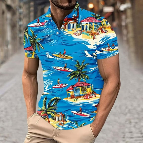 Zylanna Men's Hawaiian Shirts, Short Sleeve Quickly Dry Casual Turndown Collar Summer Beach Button Down Shirts Light Blue Size L