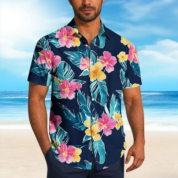 Zylanna Men's Hawaiian Shirts, Short Sleeve Quickly Dry Casual Turndown Collar Summer Beach Button Down Shirts Multicolor Size M