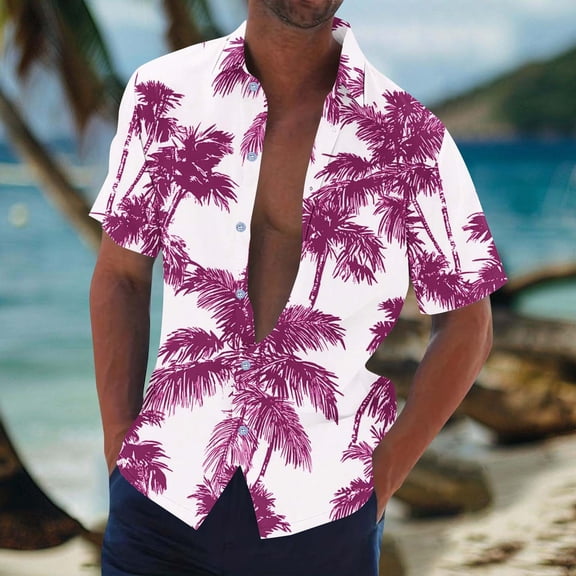 Zylanna Men's Hawaiian Shirts, Short Sleeve Quickly Dry Turndown Collar Casual Summer Beach Button Down Shirts Purple Size 2XL