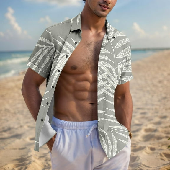 Zylanna Men's Hawaiian Shirts, Short Sleeve Turndown Collar Quickly Dry Casual Summer Beach Button Down Shirts Gray Size M