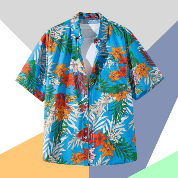Zylanna Men's Hawaiian Shirts, Turndown Collar Quickly Dry Short Sleeve Casual Summer Beach Button Down Shirts Light Blue Size M