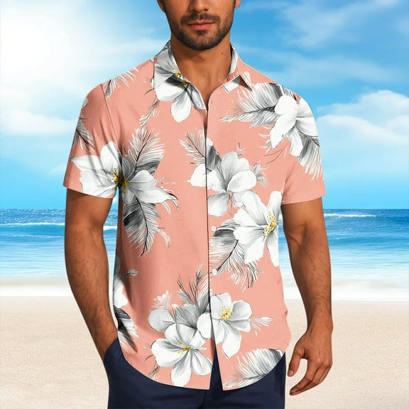 Zylanna Men's Hawaiian Shirts, Turndown Collar Quickly Dry Short Sleeve Casual Summer Beach Button Down Shirts Pink Size M