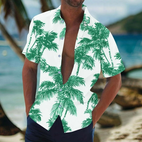 Zylanna Men's Hawaiian Shirts, Turndown Collar Short Sleeve Quickly Dry Casual Summer Beach Button Down Shirts Green Size M