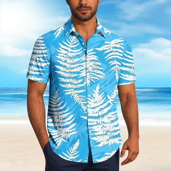 Zylanna Men's Hawaiian Shirts, Turndown Collar Short Sleeve Quickly Dry Casual Summer Beach Button Down Shirts Sky Blue Size S