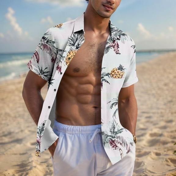 Zylanna Men's Hawaiian Shirts, Turndown Collar Short Sleeve Quickly Dry Casual Summer Beach Button Down Shirts White Size M