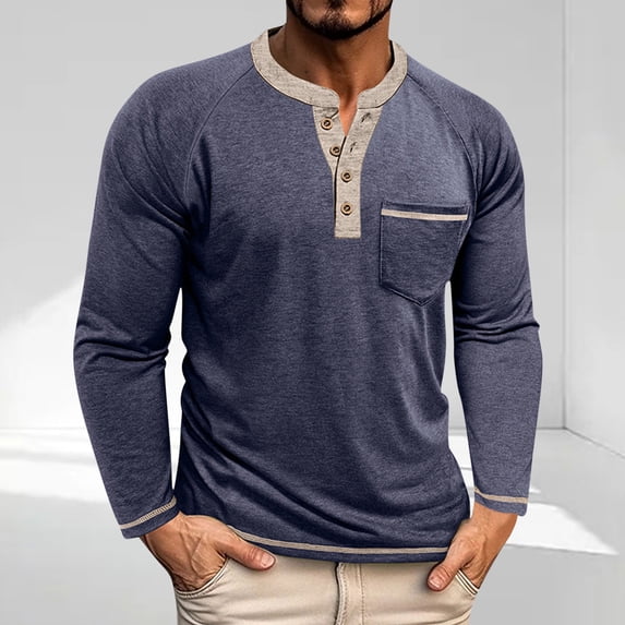 Zylanna Men's Henley Shirts, Button Color Block Crew Neck Pocket Long Sleeve Casual Pullover for Men Navy