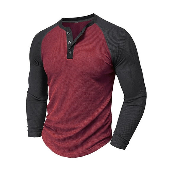 Zylanna Men's Henley Shirts, Button Color Block Fashion Long Sleeve Crew Neck Casual Pullover for Men Red