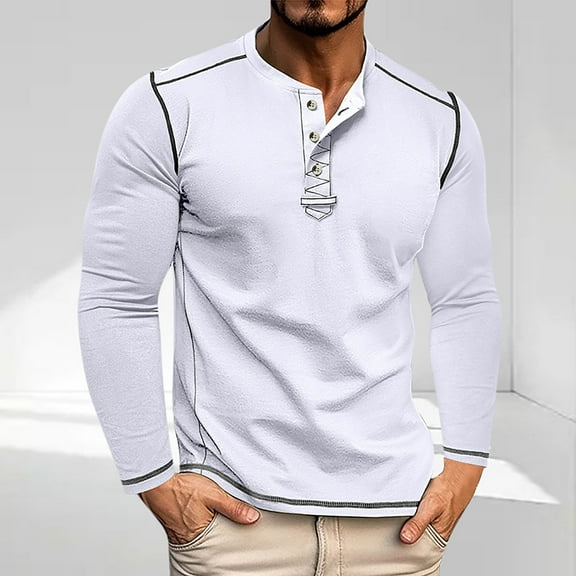 Zylanna Men's Henley Shirts, Button Fashion Solid Color Crew Neck Long Sleeve Casual Pullover for Men White