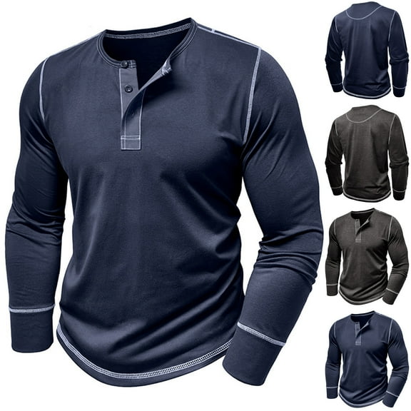 Zylanna Men's Henley Shirts, Button Long Sleeve Crew Neck 100%Cotton Color Block Casual Pullover for Men Dark Blue