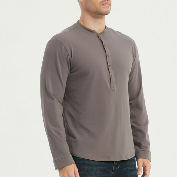 Zylanna Men's Henley Shirts, Button Solid Color 100%Cotton Long Sleeve Crew Neck Casual Pullover for Men Dark Gray