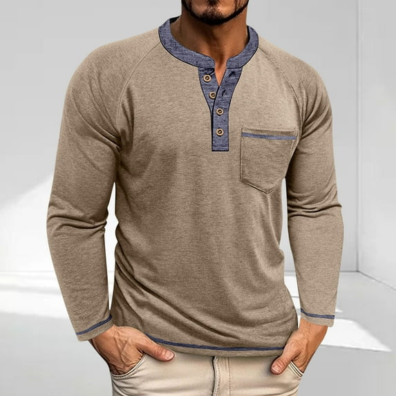 Zylanna Men's Henley Shirts, Color Block Crew Neck Long Sleeve Pocket Button Casual Pullover for Men Khaki
