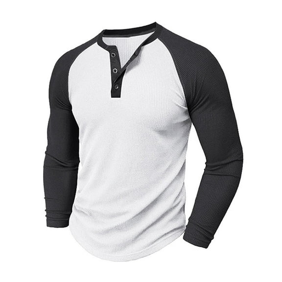 Zylanna Men's Henley Shirts, Color Block Long Sleeve Fashion Button Crew Neck Casual Pullover for Men White