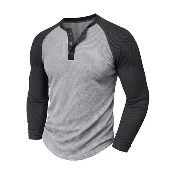Zylanna Men's Henley Shirts, Fashion Button Long Sleeve Color Block Crew Neck Casual Pullover for Men Gray