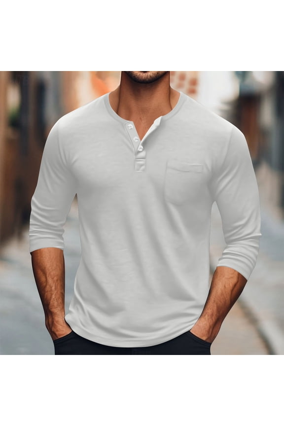 Men's Henley Shirts, Fashion Solid Color Long Sleeve Crew Neck Button Casual Pullover for Men Silver