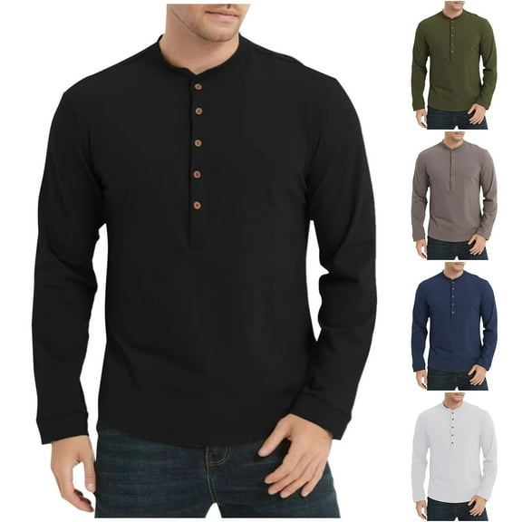 Zylanna Men's Henley Shirts, Long Sleeve 100%Cotton Crew Neck Button Solid Color Casual Pullover for Men Black