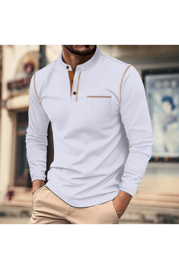 Men's Henley Shirts, Pocket Long Sleeve Button Crew Neck Color Block Casual Pullover for Men White