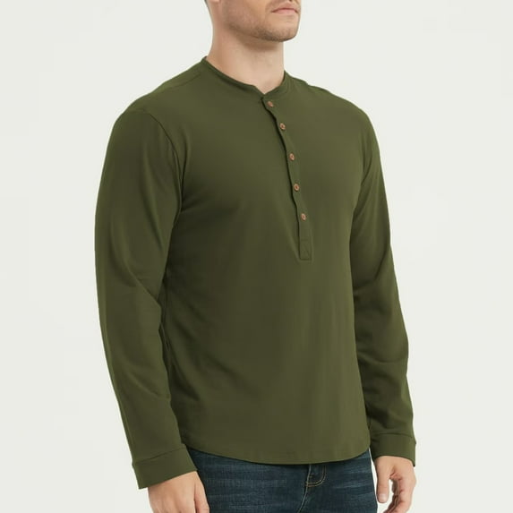 Zylanna Men's Henley Shirts, Solid Color Button 100%Cotton Long Sleeve Crew Neck Casual Pullover for Men Army Green