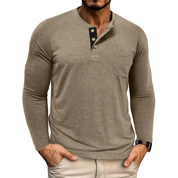 Zylanna Men's Henley T-Shirts Tee, Long Sleeve Crew Neck Stretchy Solid Color Button Casual Tops for Man Khaki