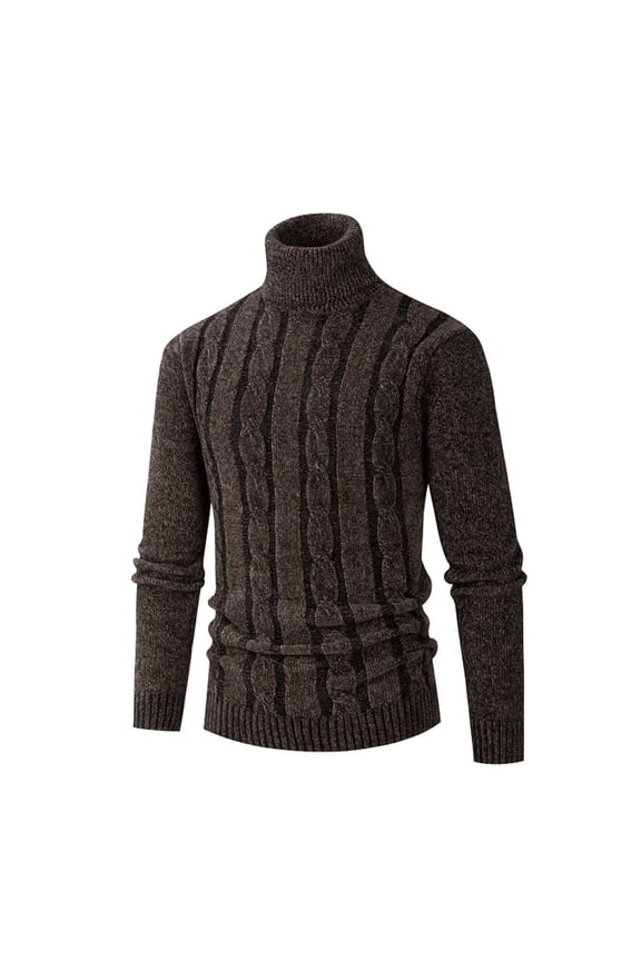Men's High Neck Sweaters, Solid Color Turtleneck Stretchy Long Sleeve Casual Pullover Tops Brown