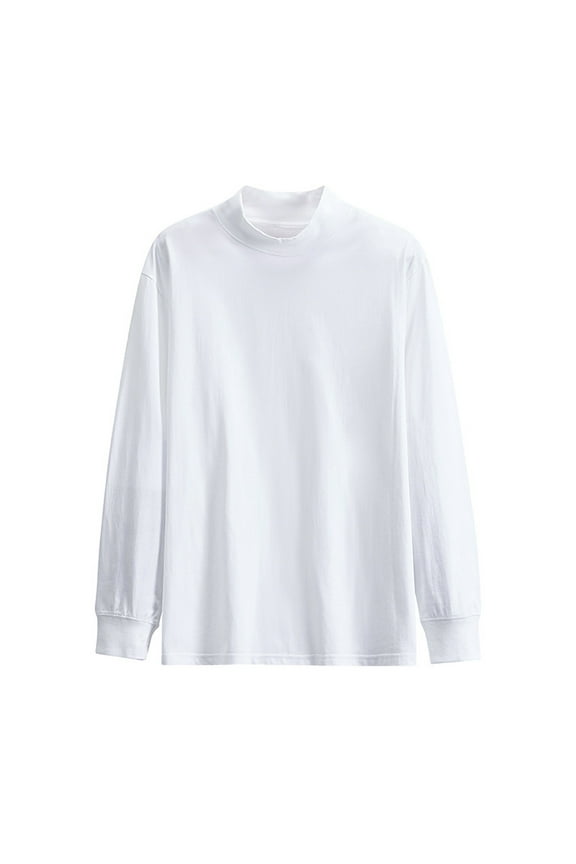 Men's High Neck T-Shirts Tee, Stretchy Long Sleeve Solid Color 100%Cotton Casual Pullover Tops White
