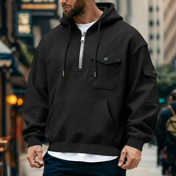 Zylanna Men's Hooded Sweatshirts with Pockets, Half-Zip Casual Solid Color Soft & Warm Sport Hoodies Pullover for Men Black