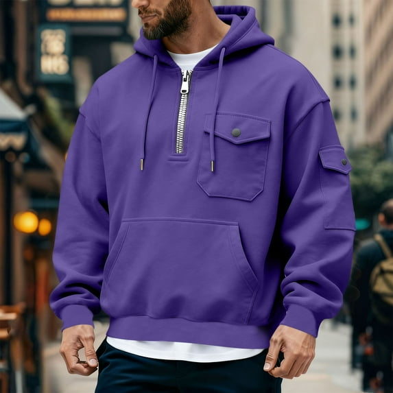 Zylanna Men's Hooded Sweatshirts with Pockets, Solid Color Casual Half-Zip Soft & Warm Sport Hoodies Pullover for Men Purple