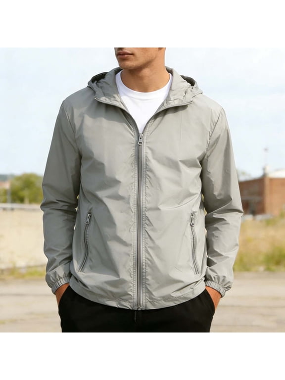 Men's Hooded Windbreaker Bomber with Zipper Pockets, Lightweight Full Zip Outdoor Waterproof Hiking Jackets for Outdoor Gray