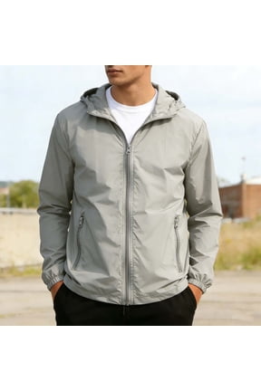 Men's Hooded Windbreaker Bomber with Zipper Pockets, Lightweight Full Zip Outdoor Waterproof Hiking Jackets for Outdoor Gray