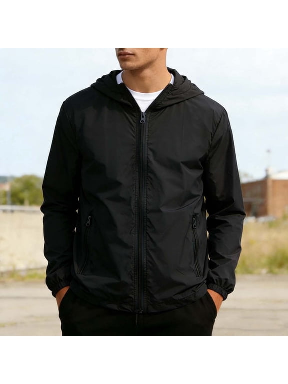 Men's Hooded Windbreaker Bomber with Zipper Pockets, Lightweight Outdoor Full Zip Waterproof Hiking Jackets for Outdoor Black