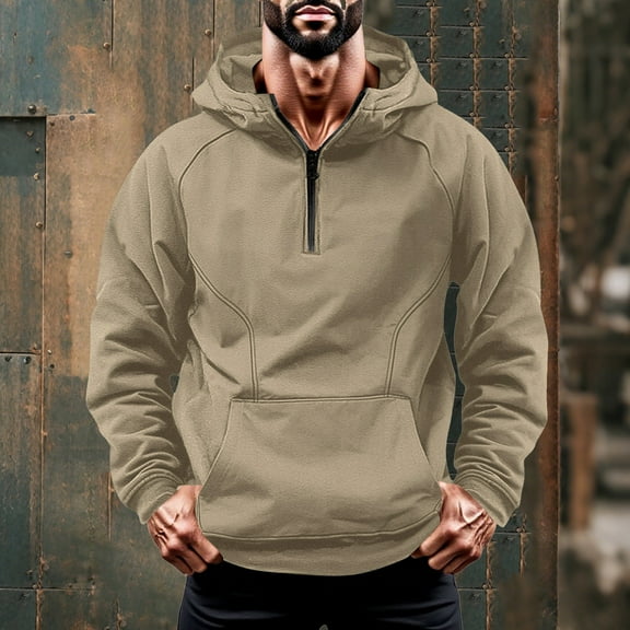 Zylanna Men's Hoodie Pullover, Breathable Solid Color Pockets Quarter-Zip Activewear Sweatshirts for Men Beige