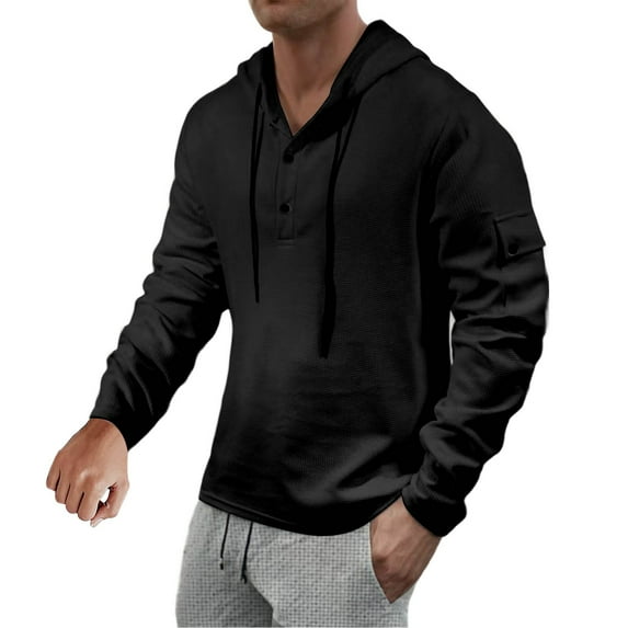 Zylanna Men's Hoodie Pullover, Stretchy with Drawstring Solid Color Button Casual Sweatshirts for Men Black