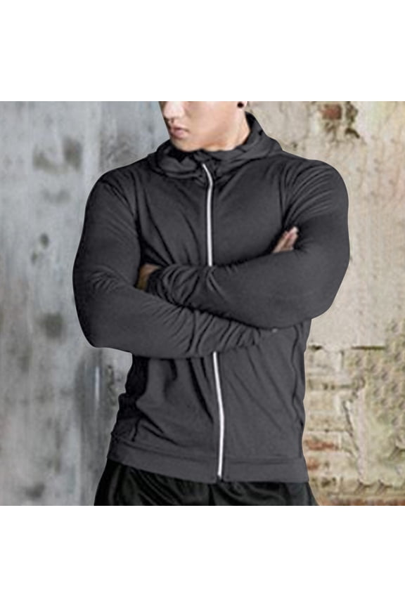 Men's Hoodie Shirt, Breathable Quick-Dry Full-Zip Long Sleeve Tops for Outdoor Workout Hiking Black