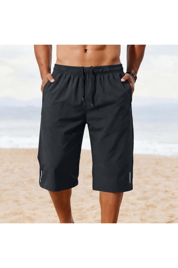 Men's Knee-Length 3/4 Workout Shorts with Pockets, Reflective Trim Stretch Breathable Elastic Drawstring Waist Quick Dry Shorts for Running & Gym Gray