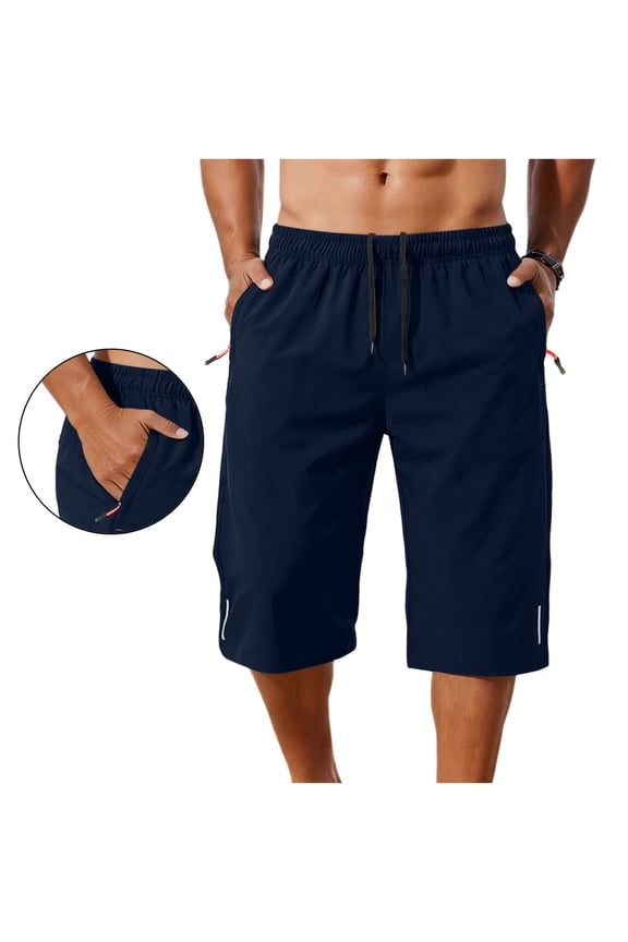 Men's Knee-Length 3/4 Workout Shorts with Zipper Pockets, Elastic Drawstring Waist Stretch Breathable Reflective Trim Quick Dry Shorts for Running & Gym Navy