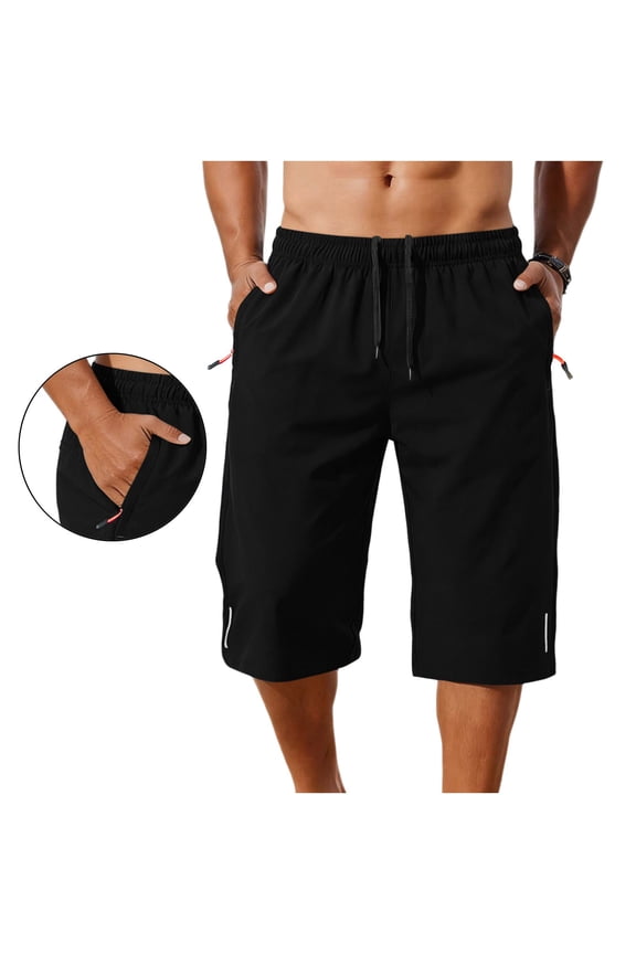 Men's Knee-Length 3/4 Workout Shorts with Zipper Pockets, Reflective Trim Breathable Elastic Drawstring Waist Stretch Quick Dry Shorts for Running & Gym Black