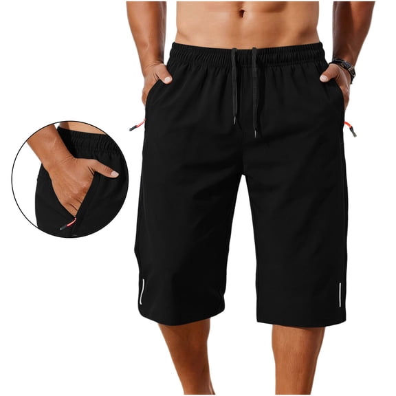 Zylanna Men's Knee-Length 3/4 Workout Shorts with Zipper Pockets, Stretch Elastic Drawstring Waist Reflective Trim Breathable Quick Dry Shorts for Running & Gym Black