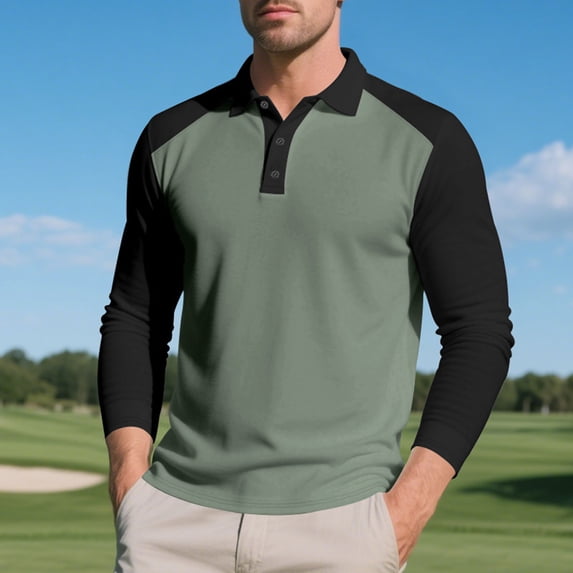 Zylanna Men's Long Sleeve Polo Shirts, Color Block Slim Fit Turndown Collar Spring Fall Casual Pullover Tops for Man Army Green