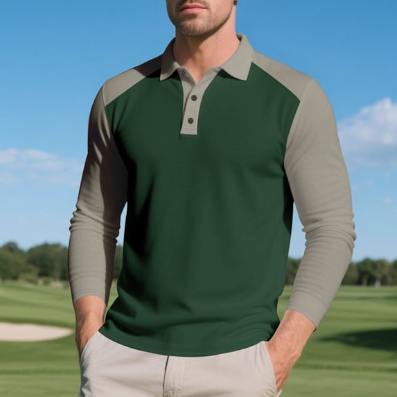 Zylanna Men's Long Sleeve Polo Shirts, Slim Fit Color Block Spring Fall Turndown Collar Casual Pullover Tops for Man Green