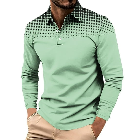 Zylanna Men's Long Sleeve Polo Shirts, Slim Fit Turndown Collar Spring Fall Gradient Color Casual Pullover Tops for Man Green