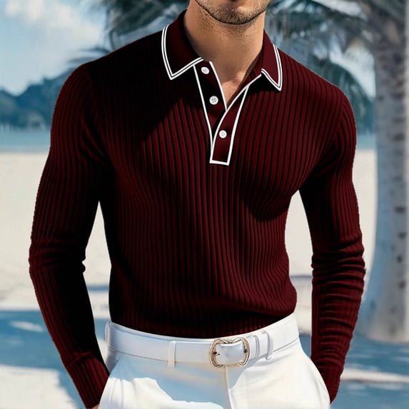 Zylanna Men's Long Sleeve Polo Shirts, Slim Fit Turndown Collar Spring Fall Solid Casual Pullover Tops for Man Wine