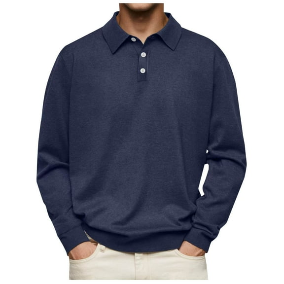 Zylanna Men's Long Sleeve Polo Shirts, Solid Slim Fit Turndown Collar Spring Fall Casual Pullover Tops for Man Navy