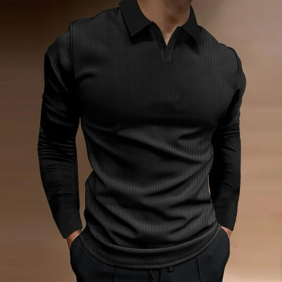 Zylanna Men's Long Sleeve Polo Shirts, Solid Spring Fall Slim Fit Turndown Collar Casual Pullover Tops for Man Black