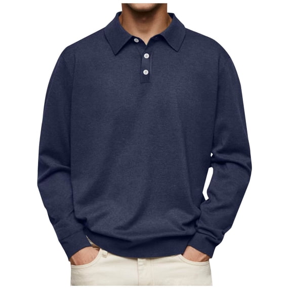 Zylanna Men's Long Sleeve Polo Shirts, Solid Spring Fall Turndown Collar Slim Fit Casual Pullover Tops for Man Navy
