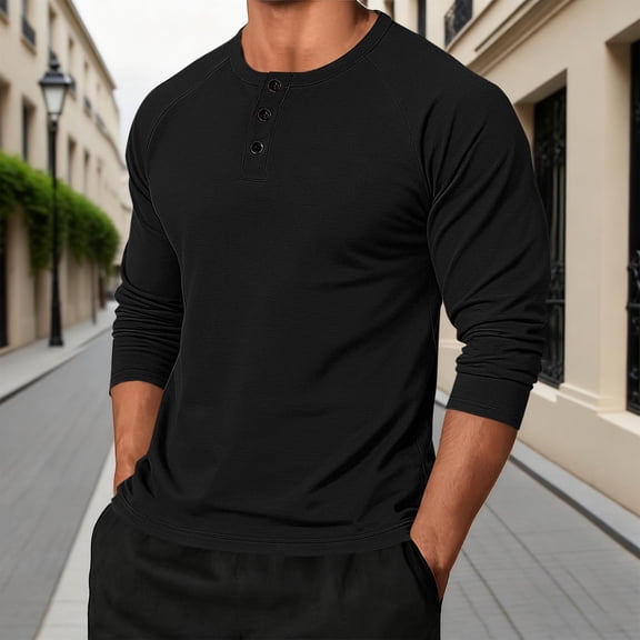 Zylanna Men's Long Sleeve Polo Shirts, Solid Turndown Collar Slim Fit Spring Fall Casual Pullover Tops for Man Black