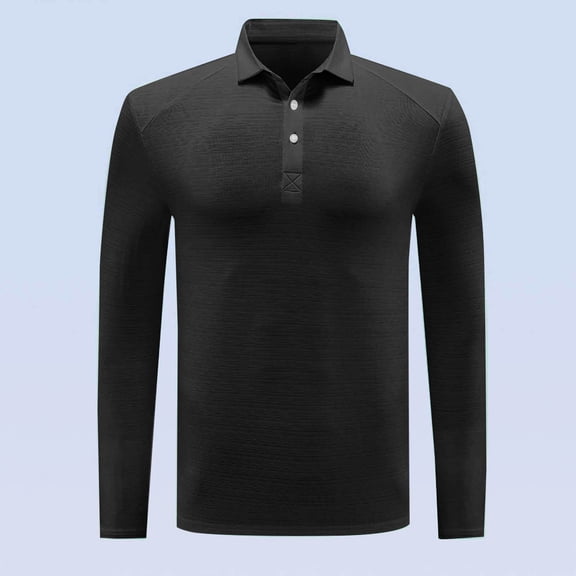 Zylanna Men's Long Sleeve Polo Shirts, Spring Fall Slim Fit Solid Turndown Collar Casual Pullover Tops for Man Black