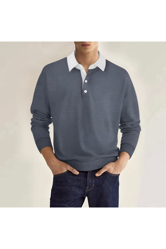 Men's Long Sleeve Polo Shirts, Spring Fall Solid Slim Fit Turndown Collar Casual Pullover Tops for Man Gray