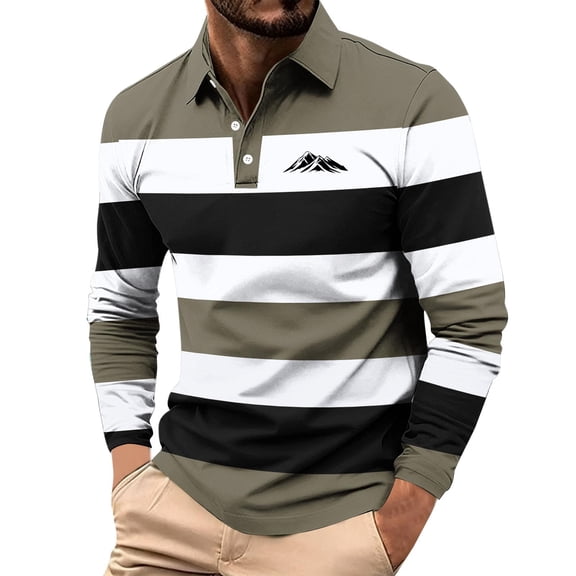Zylanna Men's Long Sleeve Polo Shirts, Spring Fall Turndown Collar Slim Fit Striped Casual Pullover Tops for Man Army Green