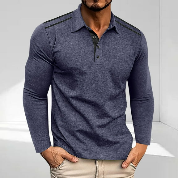 Zylanna Men's Long Sleeve Polo Shirts, Turndown Collar Slim Fit Spring Fall Solid Casual Pullover Tops for Man Navy