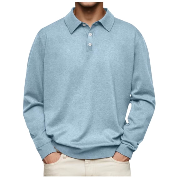 Zylanna Men's Long Sleeve Polo Shirts, Turndown Collar Spring Fall Slim Fit Solid Casual Pullover Tops for Man Sky Blue